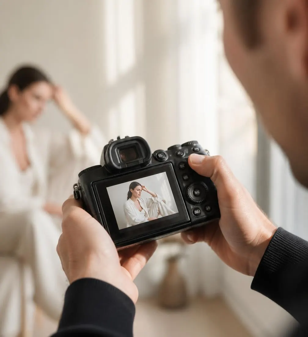 Photographer reviewing images on camera during a Lumos shoot