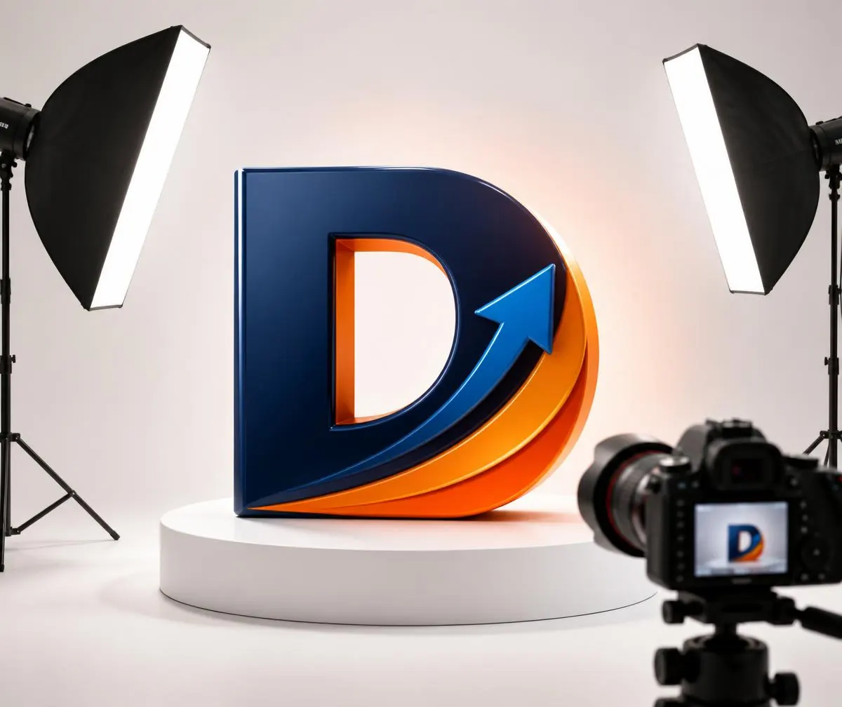 Lumos Digital production studio with camera, lighting setup and 3D brand installation