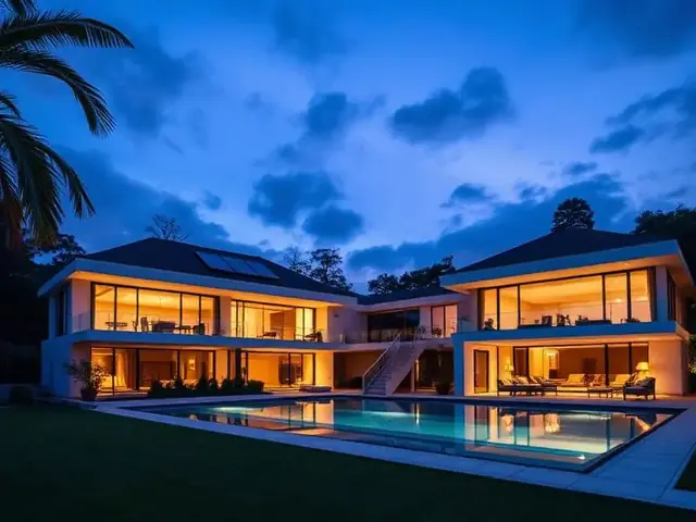 Modern luxury villa at dusk with warm interior lighting