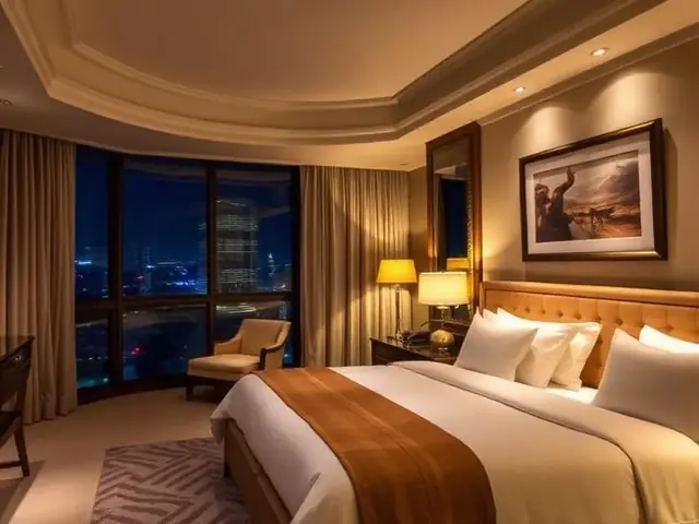Luxury hotel suite interior lit by warm lamps at night